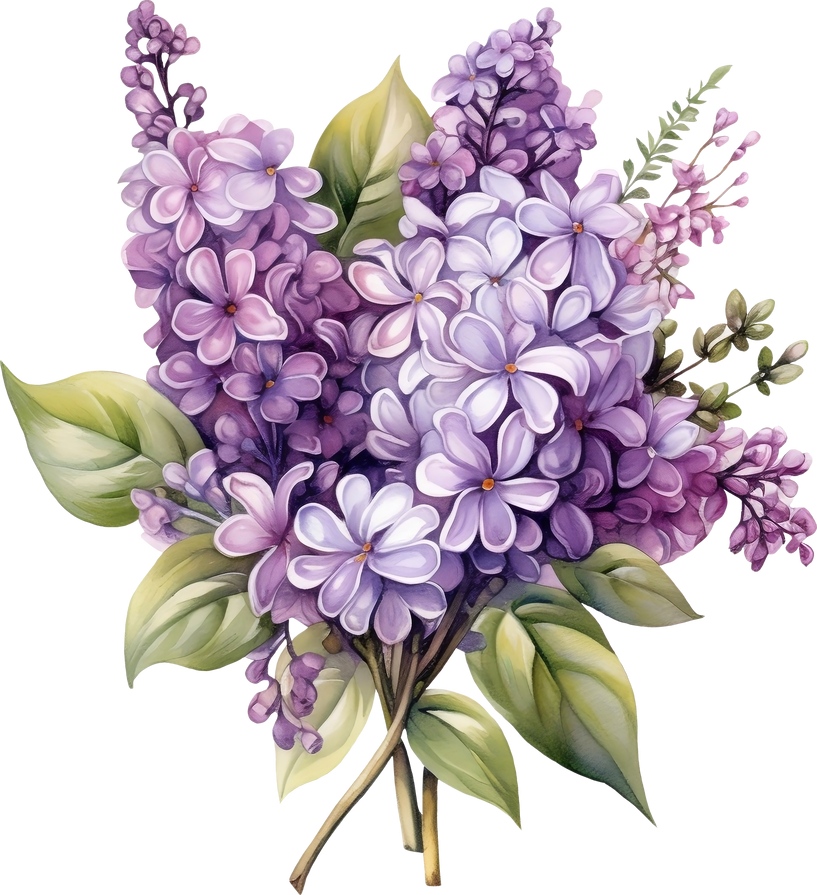 Lilac Bouquet Watercolor and Leaves, Purple Florals Clipart
